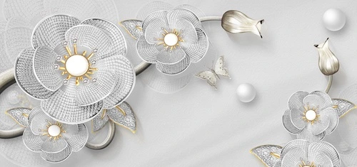 белые, серебристые, цветы, 3d, стразы, лепнина, гламур, золото, бабочка, фон