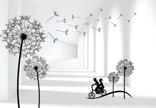 коридор, дети, велосипед, силуэты, одуванчики, перспектива, белые, чёрные, чёрно-белые