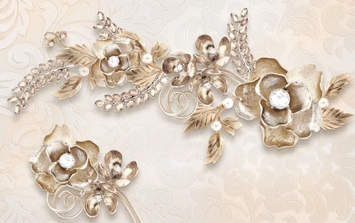 цветы, золотые, 3d, узор, блестящие, жемчуг, пастельные, роскошь, фон, декоративные