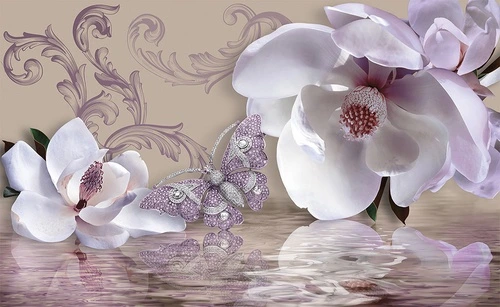 магнолии, цветы, бабочка, отражение, вода, розовые, пастельные, весна