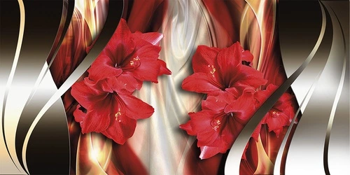 красные цветы, амариллисы, абстракция, волны, 3d, цветочные, чёрные, красные, бежевые