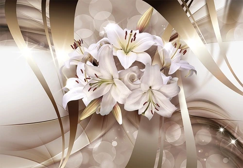 лилии, цветочные, 3d, нежные, глянец, свет, блеск, золотистые, белые