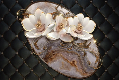 цветы, 3d, лепнина, золотой декор, кожа, мрамор, черные