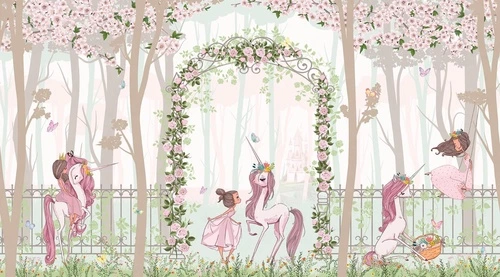 единорог, единороги, в детскую комнату, в постельных тонах, девочке на стену, розовые, волшебный парк, парк с единорогами