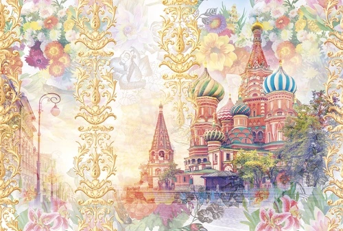 Москва, собор Василия Блаженного, цветы, узоры, купола, архитектура, паттерн, русский стиль, яркие, декоративные, пейзаж