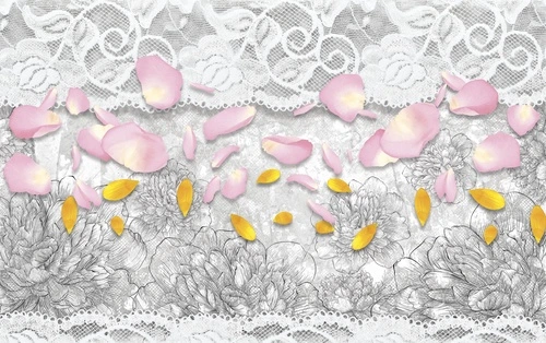 кружево, лепестки, розовые лепестки, жёлтые лепестки, чёрно-белые, цветы, скетч, серый фон, узор, ткань, флористика
