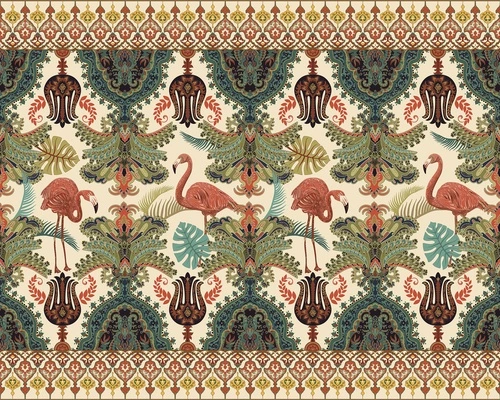 фламинго, восточные, птицы, узорные, симметричные, экзотические, тропические, флора, орнамент, зелёные, коралловые, классические, традиционные