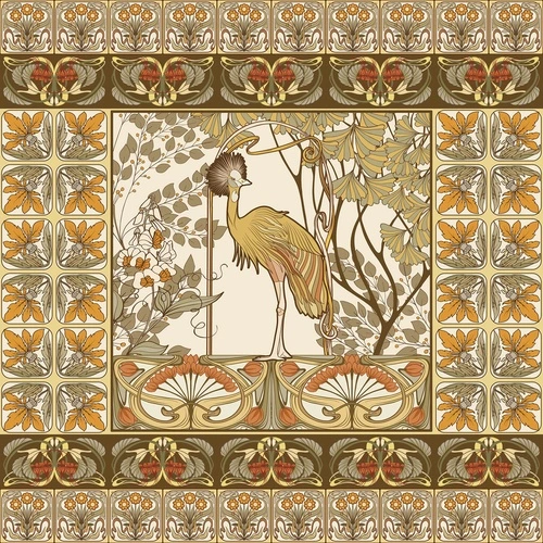 ар-нуво, декоративные, растительные, с журавлём, бежево-оранжевые, орнаментальные, художественные