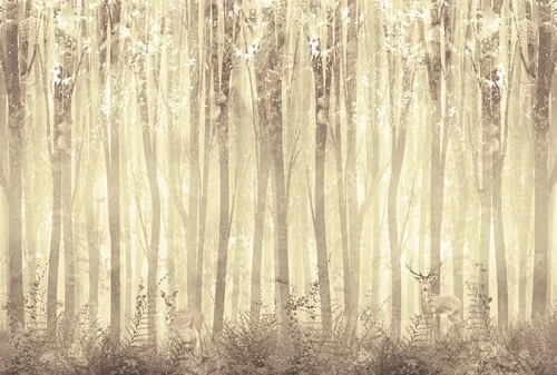 лес, олени, цветы, туман, пастельные, природа, светлые, волшебные, сказочные