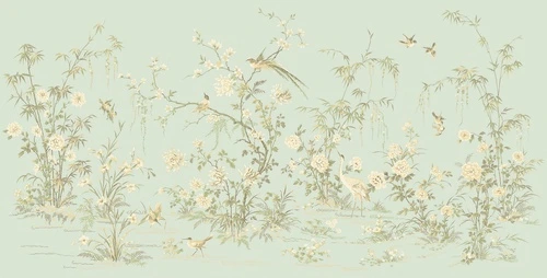 цветы, птицы, журавли, бамбук, зелёные, китайские, весенние, восточные, традиционные, пастельные, изящные, спокойные