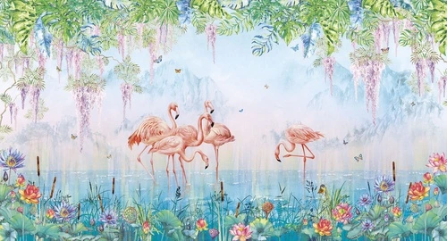 фламинго, экзотические, водоём, тропики, лотосы, цветы, бабочки, джунгли, розовые птицы, живопись, яркие, пейзаж, природа