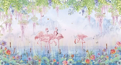 фламинго, тропики, водоём, лотосы, экзотические, розовые птицы, цветы, пальмы, живопись, бабочки, природа, яркие, джунгли, пейзаж