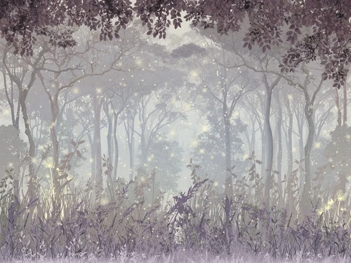 волшебный лес, лесная поляна, светлячки, фэнтези, сказочные, туманный лес, сверкающие огоньки, утро в лесу, сияние, магия, пастельные оттенки, фиолетовые листья, глубина, природа