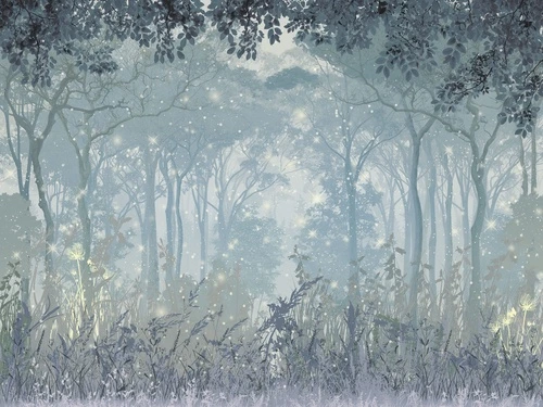 волшебные, лесная поляна, светлячки, сияние, лес в тумане, природа, магия, фантазия, пастельные, синеватые тона, фэнтези, утро в лесу, мерцание, сказочные