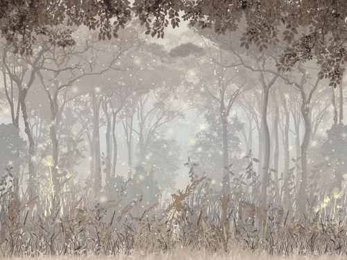 волшебные, туманный лес, светлячки, сияние, лесная чаща, сказочные, природа, магия, фэнтези, рассвет в лесу, таинственный лес, лесная поляна, мерцающие огоньки, пастельные оттенки