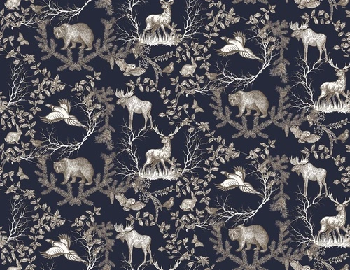 лес, олень, медведь, филин, птицы, деревья, ветки, хвоя, тёмный фон, рисунок, природа, звери, орнамент