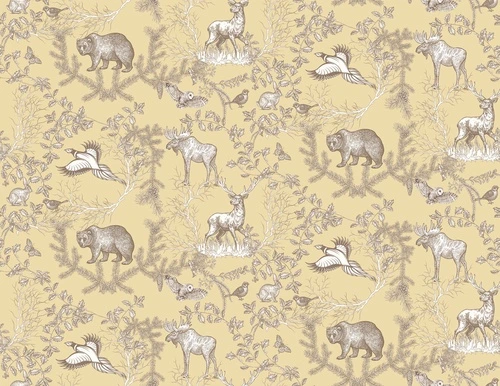 лес, олень, медведь, филин, птицы, заяц, деревья, ветки, хвоя, жёлтый фон, природа, животные, узор