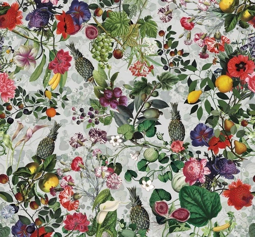 фрукты, ягоды, ананасы, лимоны, груши, виноград, инжир, цветы, листья, серый фон, яркие, экзотические, ботаника, узор