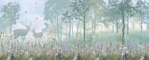 лес, деревья, туман, трава, цветы, олени, птицы, поле, силуэты, лесная опушка, лето