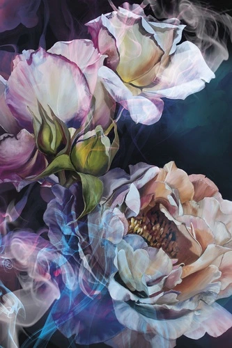 цветы, бутоны, лепестки, дым, розы, свет, художественный стиль, черный фон, розовый, синий, фиолетовый