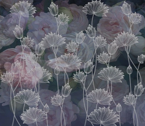 лотосы, розы, бутон, темный фон, цветы, силуэты, узор, флора, графика