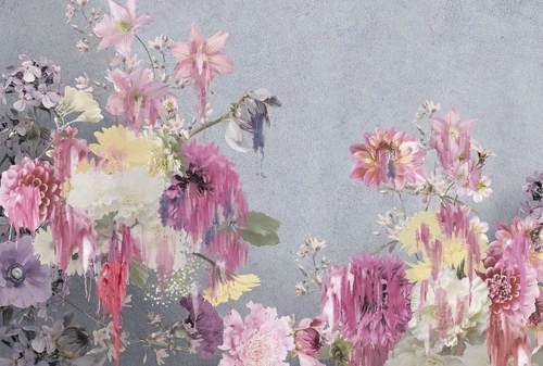 цветы, серый фон, розовые цветы, белые цветы, желтые цветы, анемоны, пионы, живопись, цветочный букет, капли краски