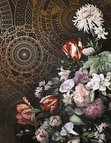 цветы, чёрные, орнамент, мандала, золотой узор