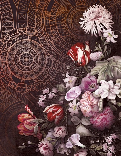 цветы, тёмные, орнамент, мандала, золотой узор