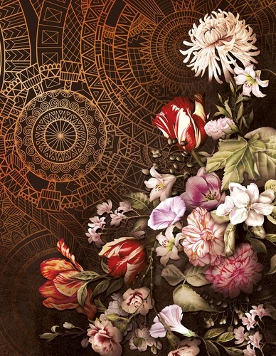 цветы, тёмные, орнамент, мандала, золотой узор, букет