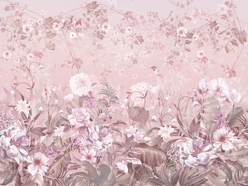 цветы, птицы, розовые, листья, сад