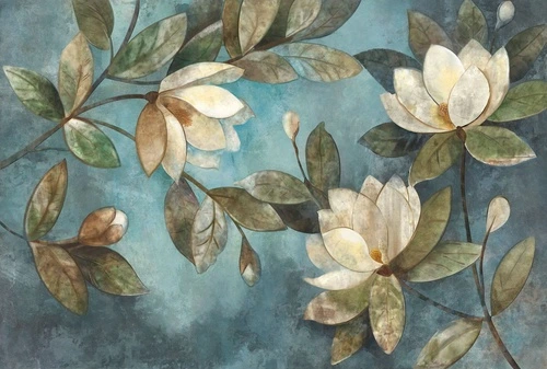 магнолии, белые, зелёные, бирюзовые, цветы, листья, акварель, крупные бутоны