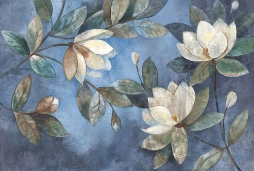 цветы, крупные бутоны, магнолии, белые, листья, синие, акварель, зелёные