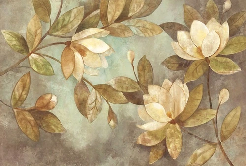 цветы, магнолии, крупные бутоны, листья, жёлтые, коричневые, акварель, бежевые