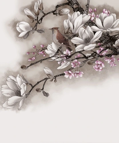птица, цветущие ветки, магнолии, сакура, бежевые, восточный стиль, розовые, белые, цветы
