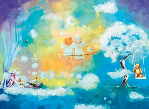 детские, на облаках, небо, сказочные, в детскую комнату, сказочные обои, синие, живописные