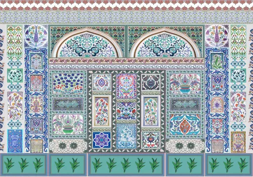 мозаика, орнамент, восточный узор, византийский узор, трава, арабский орнамент, персидский орнамент, горшок, разноцветные, зеленые, синие, узор, горшки, цветы