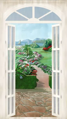 пейзаж, природа, окно, в сад, вид из окна, сад, белые, зеленые, яркие, расширяющие пространство, распахнутые ставни, окно в сад, зелень, море