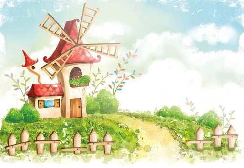 детские, с мельницей, в детскую комнату, обои сказочного домика, обои сказочный домик, забор, дорога, мельница