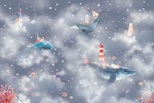 детские, в детскую комнату, кит, небо, облака, киты