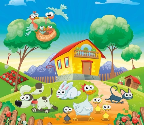 обои животные, домашние животные, дом, двор с животными, в детскую комнату, яркие