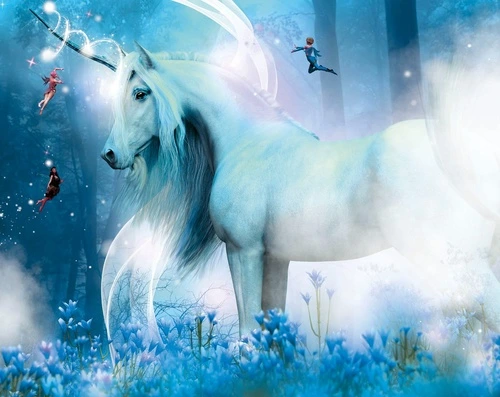 единорог, голубые, синие, белые, в детскую комнату, детские обои, обои в детскую комнату, лошадь, грациозная лошадь, с лошадьми, красивые лошади