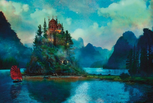 пейзаж, замок, зеленые, озеро, синие