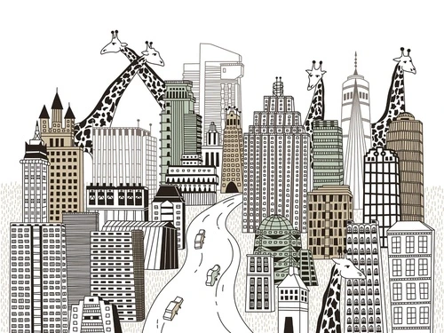 детские, в детскую комнату, детский городок, серые, жираф, черно-белые, графика