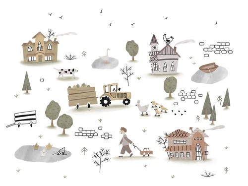 детские, в детскую комнату, детский городок, коричневые, домики, машинка, рисунок домиков