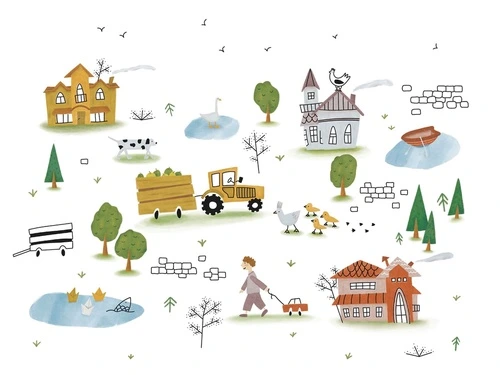 детские, в детскую комнату, обои детские, детский городок, разноцветные домики, машина, деревья, рисунок домики, рисунок машинки