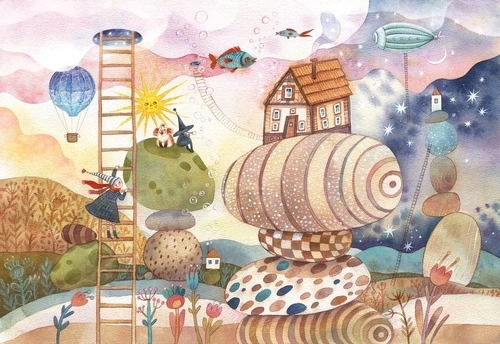 детские, в детскую комнату, детский городок, сказочные, фантастические, сюрреалистические, детский рисунок, причудливые, лесенка, камни