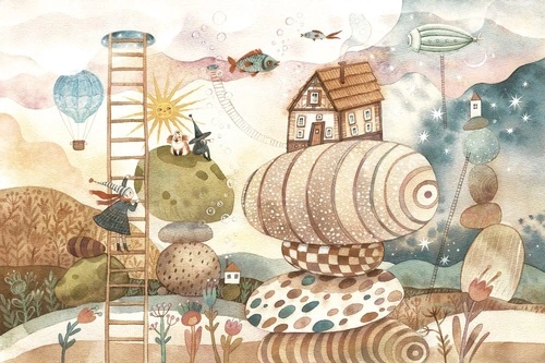 детские, в детскую комнату, детский городок, из камней, фантастический пейзаж, детский рисунок, лесенка, бежевые, фантастический рисунок, сюрреалистические, фантастические 