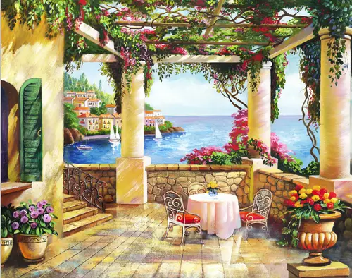 пейзаж, горы, столик, стулья, виноград, море, природа, лестница, цветы, небо, камень, виноградная лоза, город, растения, парус, яхта, океан, облака, веранда