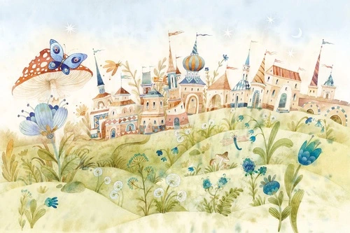 детские, в детскую комнату, обои детский городок, зеленые, пастельных тонов