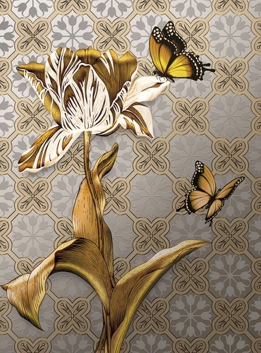 цветы, тюльпан, бабочки, узор, жёлтые, бежевые
